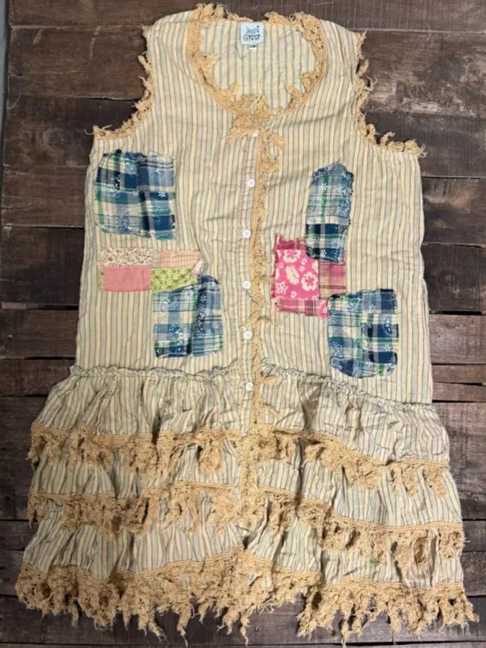 Jaded Gypsy. Boho Patchwork Cream Striped Sleeveless Tunic/Vest